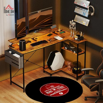 HOMCOM 58" L Shaped Gaming Desk with Power Outlets Reversible Rustic Brown | LED Lights, Computer Desk with Monitor Stand, Fabric Storage Bag, Cable Management, for Home Office