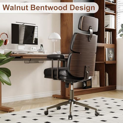 Mid-Century Modern Ergonomic Office Chair, High Back Headrest, Black | Faux Leather Executive Desk Chair, Walnut Bentwood & Adjustable Headrest, Swivel Computer Chair for Home Office, 300LBS Cap - color: Black, size: High Back Style