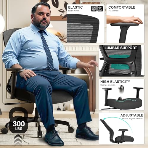 ELABEST Mesh Office Chair,Ergonomic Computer Desk Chair,Sturdy Task Chair- Adjustable Lumbar Support & Armrests,Tilt Function,Comfort Wide Seat,Swivel Home Office Chair (Noir Black (Padded Seat)) - color: Noir Black (Padded Seat)