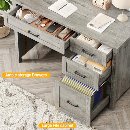 Vabches Farmhouse 47" Computer Desk with 4 Drawers, Grey | Executive Desk with File Drawer and Charging Station, Workstation for Home Office, Study - color: Grey Without Charging Station