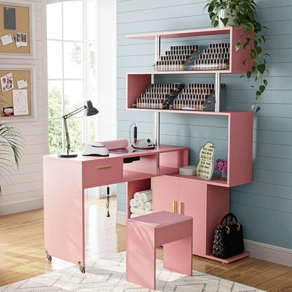 Kikihouse Manicure Table Nail Desk with Stool, L-Shaped Nail Tech Desk with Dust Collector, Two-Way Drawer, Cabinet & Storage Shelves, Rotating Reversible Manicure Workstation on Wheels (Pink) - color: Pink