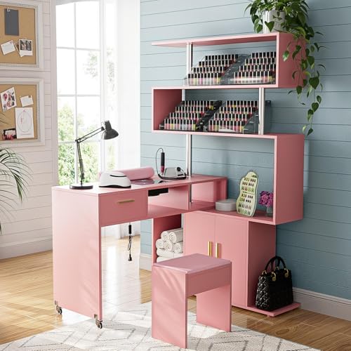 Kikihouse Manicure Table Nail Desk with Stool, L-Shaped Nail Tech Desk with Dust Collector, Two-Way Drawer, Cabinet & Storage Shelves, Rotating Reversible Manicure Workstation on Wheels (Pink) - color: Pink