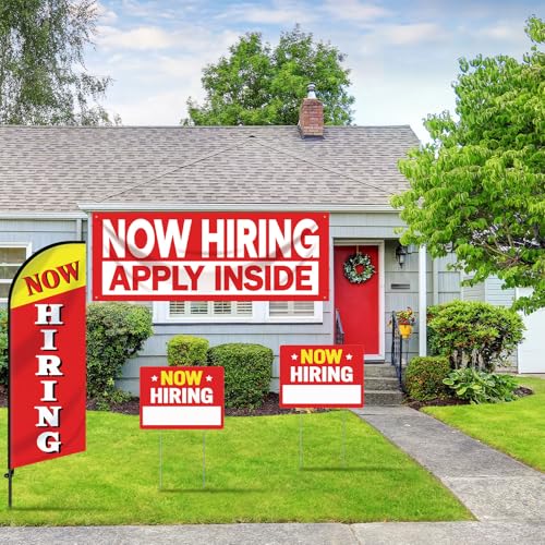 4 Pcs Feather Flag Set Include 2 Now Hiring Sign with Stake 7 ft