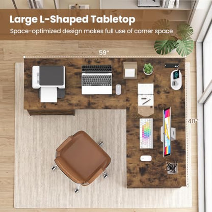 Tangkula 59" L-Shaped Executive Desk w/Power Outlets (Rustic Brown) - color: Rustic Brown
