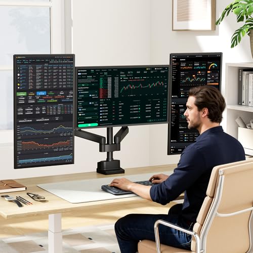 monTEK Triple Monitor Mount for 13"-27" Screens, Max 19.8 lbs Each Arm | Heavy Duty Aluminum Full Motion 3 Monitor Desk Stand, Height Adjustable Swivel Tilt Bracket, Clamp & Grommet Mounting