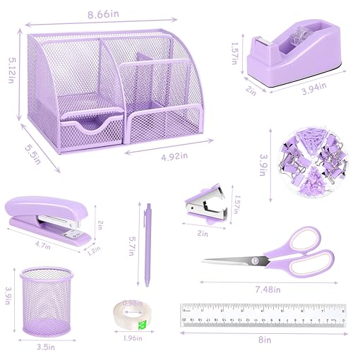 Purple Office Desk Accessories Supplies, 12pcs Desk Organizers and Accessories with Tape dispenser and Stapler,Staples,Staple Remover,Pen Holder,Scissor,Ruler,Sticky Tabs,Tape,Ballpoint Pen,Clips Set - color: Purple