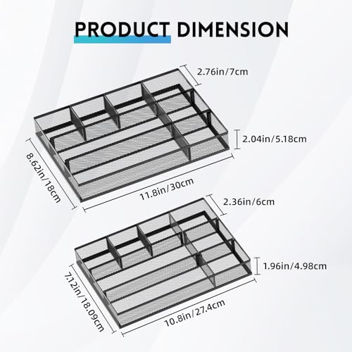 SUPEASY 2 Pack Mesh Drawer Organizer, Metal Desk Drawer Organizer Tray with 8 Adjustable Compartments, Desk Organizers and Accessories for Office Supplies, Kitchen, Makeup & Vanity (Black)