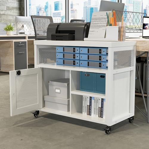 FUSUNBAO Farmhouse Printer Stand with Storage, Rolling Printer Cabinet with Shelves, Charge Station, Wheels, and File Cabinet for Home Office Storage (White) - color: White