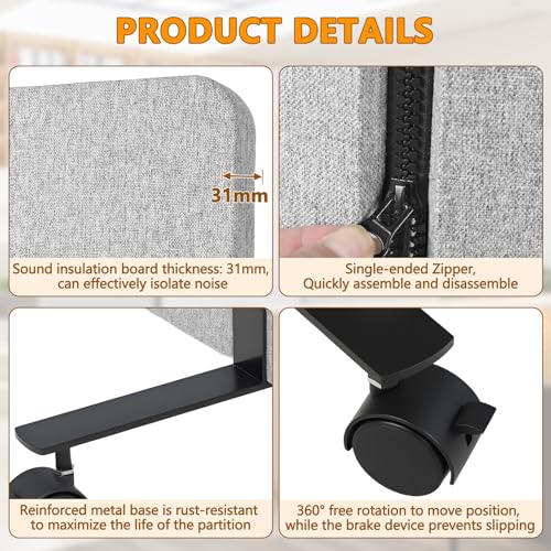Soundproof Room Divider with Wheels, 66in Acoustic Room Divider Panel, 3 Panel Office Partition Wall for Noise Cancelling, Portable Temporary Wall Cubicle Divider (Light Grey) - color: Light Grey