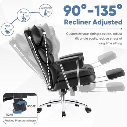 DUMOS Ergonomic Home Office Desk Chair, Executive Chair, PU Leather | Big Tall High Back, Lumbar Support, Reclining Height Adjustable, Computer Gaming, Footrest Swivel Wheels, Black - color: Black
