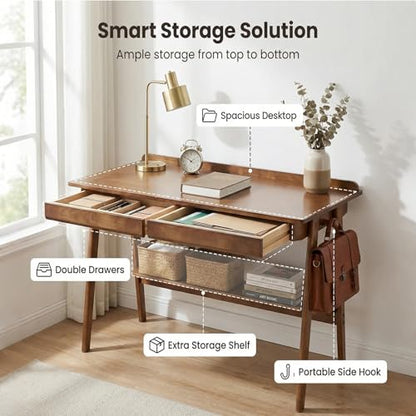 KEIKI Solid Wood Writing Desk with Drawers, 47" Computer Desk with Shelf for Home Office Work, Study, Walnut - color: Walnut W/Shelf