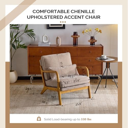 VINGLI Chenille Mid-Century Modern Accent Chair Set of 2, Cute Reading Arm Chair with Cushion & Lumbar Pillow & Solid Wood Frame for Lounge, Living Room, Reading Room, Bedroom, Light Khaki - color: Light Khaki