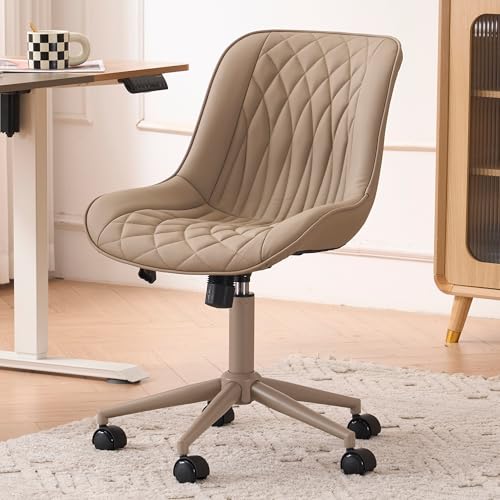 YOUNIKE Faux Leather Office Desk Chair Comfy Vanity Chair Armless Khaki | Ergonomic Upholstered Rocking Back, Swivel with Wheels, Height Adjustable, Modern Task Chair For Computer Sewing Drafting - color: All Khaki