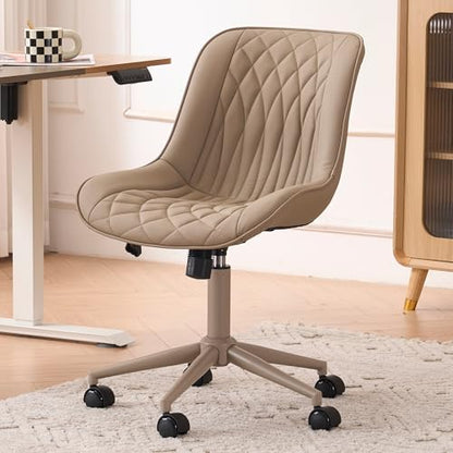YOUNIKE Faux Leather Office Desk Chair Comfy Vanity Chair Armless Khaki | Ergonomic Upholstered Rocking Back, Swivel with Wheels, Height Adjustable, Modern Task Chair For Computer Sewing Drafting - color: All Khaki