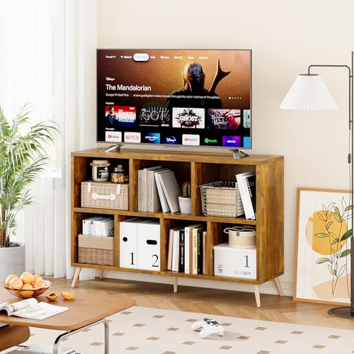 7-Cube Storage Organizer with Natural Wood Legs, Mid-Century Modern Bookcase and Display Cabinet, Freestanding Toy Storage Bookshelf for Living Room, Kids Room and Bedroom, Rustic Brown - color: Rustic Brown, size: 7-Cube