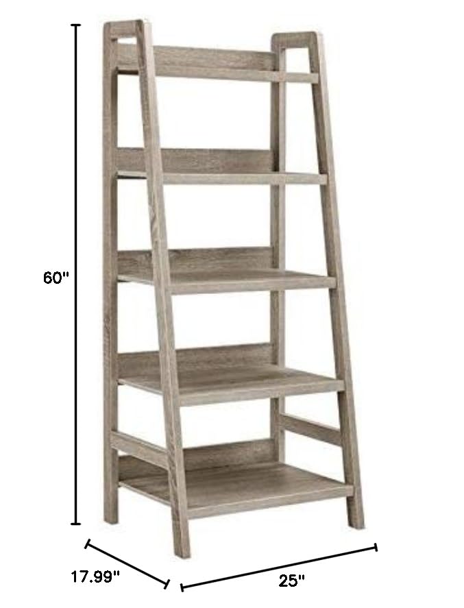 Riverbay Furniture 5-Shelf Ladder Bookshelf, 25.75" W x 18" D x 60.13" H, MDF Wood with Gray Wash Finish, Modern Coastal Style, Open Display Bookcase for Living Room, Bedroom or Home Office