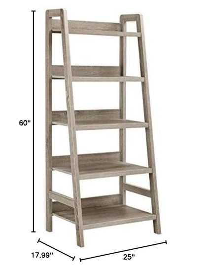 Riverbay Furniture 5-Shelf Ladder Bookshelf, 25.75" W x 18" D x 60.13" H, MDF Wood with Gray Wash Finish, Modern Coastal Style, Open Display Bookcase for Living Room, Bedroom or Home Office
