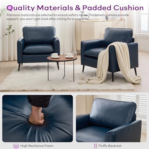 TYBOATLE Blue Faux Leather Accent Chair Set of 2 | Comfy, Cozy, Reading, Mid Century Modern, Curved Armrest, Reception, Living Room, Office - color: Blue