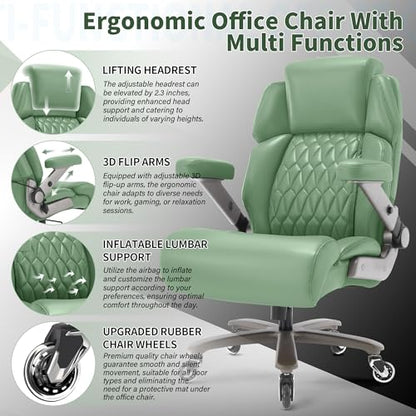 Big and Tall Office Chair 700lbs, Ergonomic High Back Computer Desk Chair | Adjustable Headrest&Lumbar Support, 3D Flip Arms, Large Wheels, Heavy Duty Metal Base, Thick Padded Wide Seat Executive Chair - color: Green