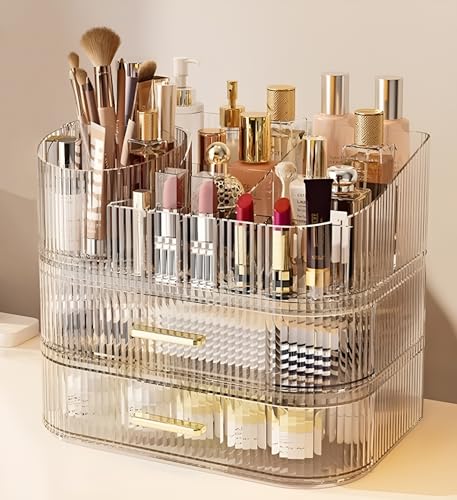Large Makeup Organizer with Drawers, 360° Rotating Brush Holder | 3-Tier, Cosmetic storage for vanity, skincare, perfume, hair accessories, lipstick and jewelry, Clear - color: Clear, size: 3-layer
