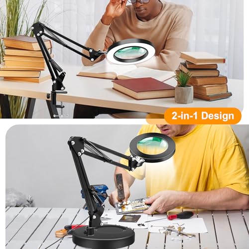 10X Magnifying Glass with Light and Stand, Magnifier with Light Hands Free, 3 Color Modes 10 Level Dimmable, Magnifying Real Glass LED Desk Lamp for Close Work, Repair, Reading, Craft, Black - color: Black
