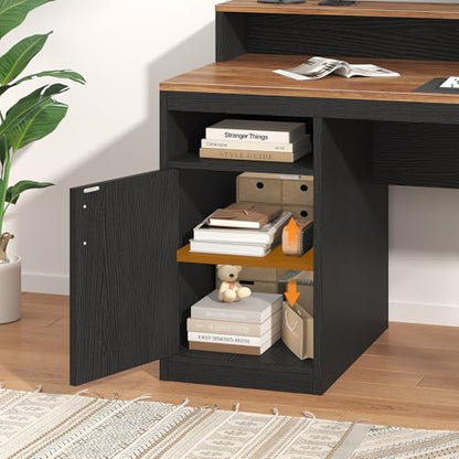 YOMILUVE Computer Desk with 3 Drawers & Storage Shelves, 65 Inch Home Office Desk with File Drawer & Cabinet, Writing Study Desks with Monitor Stand & Printer Shelf, Executive Desk, Brown and Black - color: Brown and Black