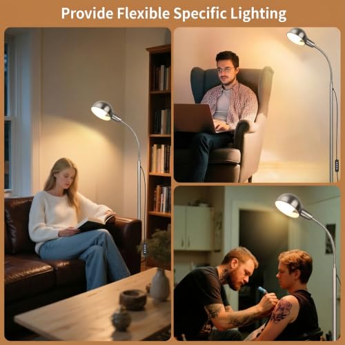 Nickel Floor Lamp with Flexible Gooseneck and Rotatable Shade，Standing Lamp include Dimmer LED Bulb，Ideal Tall Lamp with Dimmer and Timer Switch for Reading,Bedside and Living Room (Nickel Satin) - color: Nickel Satin