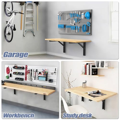 WALMANN 16 in Folding Wall Shelf Brackets, Wall Mount Collapsible Brackets | for Workbench/Table, 150 lbs Capacity, Space-Saving Shelf Hinges for Garage, Kitchen, Laundry, No Board - size: 16 Inch