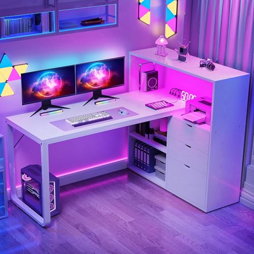 DWVO 55" L Shaped Corner Desk with Bookshelf, Drawers, Power & LED, White | Built-In Power Outlets, Led Lights, Attached Bookshelf, Storage Drawers, for Home Office Corner, Easy Assembly - color: White