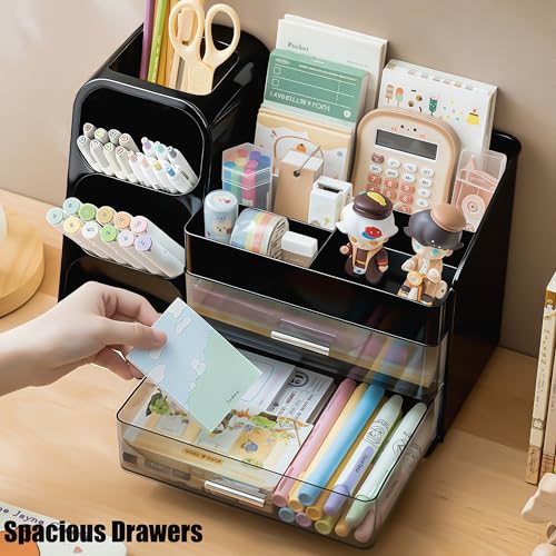 Desk Organizer with Pen Pencil Holder, Pen Organizer with 2 Drawers & 4 Compartments, Desktop Organizers and Storage for Office Home School Art Supplies (Black)