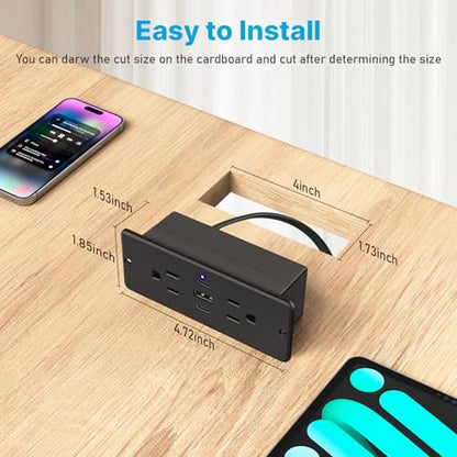 CCCEI Recessed Power Strip with Outlet and USB C Ports, Furniture Flush Mount Power Strip, Small Desk Hidden Outlet for Conference Table, Nightstand, Black, 10FT. - size: 10FT, style: 20W_USB-C
