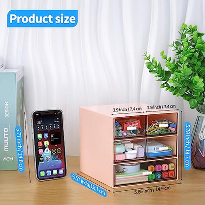 Desk Organizer with 5 Drawers, Rectangular Office Stationery Supplies Desktop Drawers, Plastic Makeup Storage, Suitable for Office, School, Home (Pink & 5 Drawers) - color: Pink & 5 Drawers