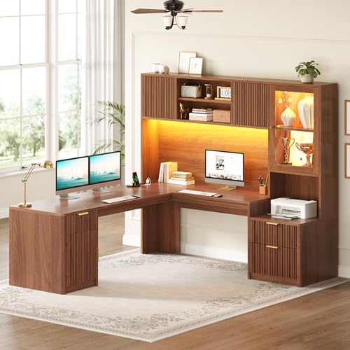 SEDETA 67" x 65" L Shaped Desk with Hutch, RGB LED Corner Computer Desk with Power Sockets, Fluted Home Office Desk with File Drawer, Storage & Glass Display Cabinets for Gaming & Working, Brown - color: Brown, size: L Shaped Desk with Hutch