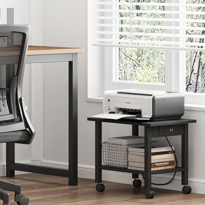 TUTOTAK Printer Stand, 2 Tier Rolling Printer Cart with Charging Station | Small Under Desk Printer Table with Wheels for Small Space, Office, Home, Black PS01BK001P - color: Black, size: 2 tier(18.9 x 11.8 x 15.4inchs)