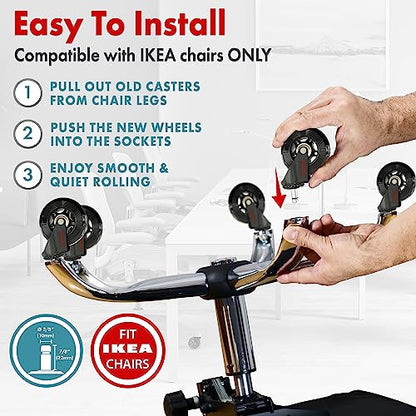 Office Chair Wheels Replacement Set 10mm (3/8" x 7/8") Stem - Fits IKEA Chairs ONLY - Soft Desk Chair Casters for Wood Floors & Carpet - Heavy Duty & Safe for All Floors Without Any Chair Mats