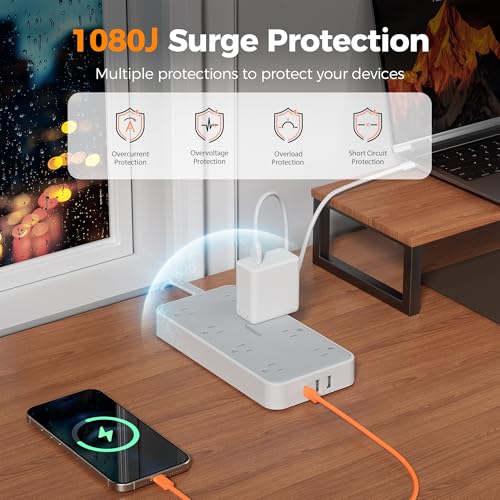 TESSAN Power Strip Surge Protector, 6FT Flat Plug Extension Cord | 8 Outlets 3 USB Charger(1 USB C), 1080 Joules Protection, 1875W 15A, Wall Mountable for Home Office Dorm, Gray - color: Gray, size: 6FT-1080J surge protection (1875W)