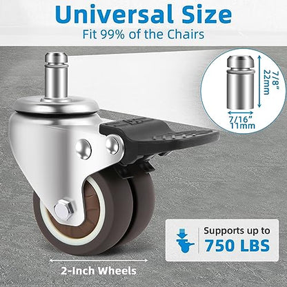W B D WEIBIDA Office Chair Wheels with Brake Set of 5 Rubber Replacement Caster for Chair Wheels 2 Inch Heavy Duty Universal Wheel for Work, Desk and Gaming Chair Safe for All Floors - style: 2 IN Wheels with Brake