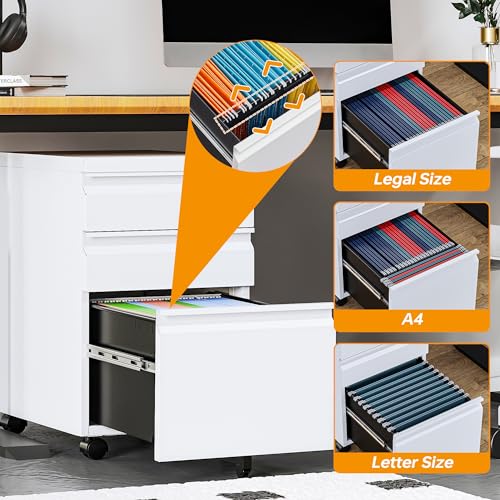 STANI Mobile File Cabinet with Lock Under Desk Metal Filing Legal/Letter File Folders Rolling Cabinet Metal File Cabinets Filing on Wheels with Drawers Assembly Required - color: White, size: 3 Drawers-Assembly Required