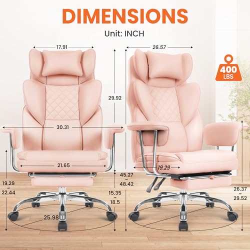 NEO CHAIR Big & Tall Leather Office Chair, High Back, Lumbar Support, Pink | Gaming Chair for Adults and Computer Use, Reclining Office Chair with Foot Rest, Massage, Comfy Design and Heavy Duty Support - color: Pink