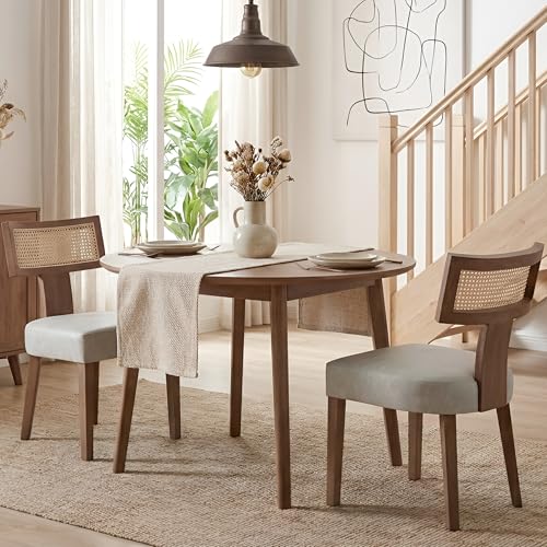 HNY Mid Century Modern Rattan Dining Chairs Set of 2, Farmhouse PU Leather Upholstered Accent Chair Curved Backrest Kitchen Chairs, with Hardwood Frame, Grey - color: Grey Rattan