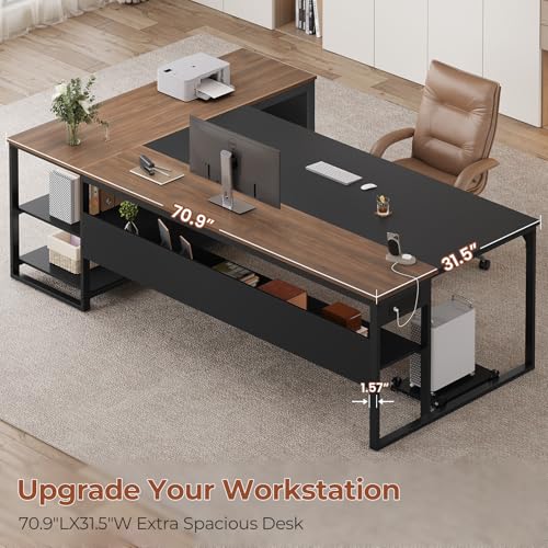 UPOSOJA 71" Executive Desk, L Shaped Office Desk with Widen File Drawers - color: Walnut, size: Widen Drawer