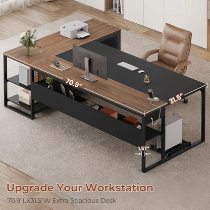 UPOSOJA 71" Executive Desk, L Shaped Office Desk with Widen File Drawers - color: Walnut, size: Widen Drawer