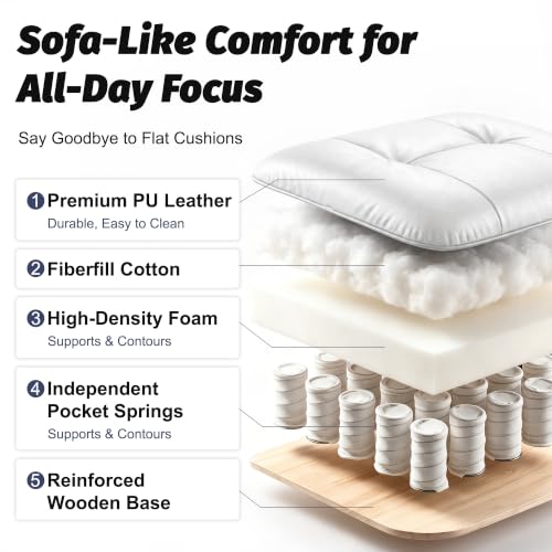 Efomao Executive Office Chair 400lbs,White Big and Tall Desk Chair | Mattress-grade pocket spring cushion, sleek leather, 135° recline & footrest for computer gaming setup. - color: 3084p-white
