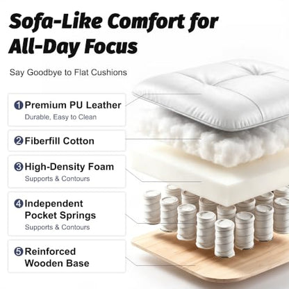Efomao Executive Office Chair 400lbs,White Big and Tall Desk Chair | Mattress-grade pocket spring cushion, sleek leather, 135° recline & footrest for computer gaming setup. - color: 3084p-white