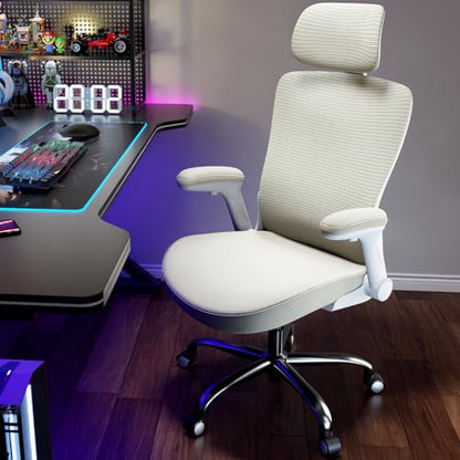 Ergonomic Office Chair:Home Office Desk Chairs with Headrest Lumbar Support | Ergalithic Ergonomic Desk Chair X-Shaped Mesh PU Leather Executive Computer Chair High Back Flip-Up Arms for Long Hour - color: Beige