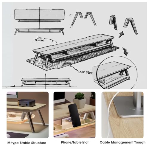Fenge Dual Monitor Stand with 8-Mode LED Lights and Frosted Shelf, Oak | Sturdy Aluminum Legs, Built-In Phone & Tablet Slot, 2-Tier Storage, 42.5-Inch Desk Shelf for Gaming, Home Office & Streaming - color: Oak