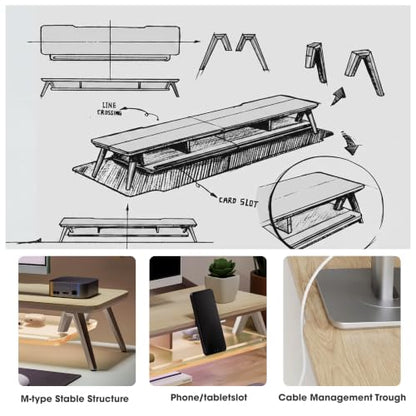 Fenge Dual Monitor Stand with 8-Mode LED Lights and Frosted Shelf, Oak | Sturdy Aluminum Legs, Built-In Phone & Tablet Slot, 2-Tier Storage, 42.5-Inch Desk Shelf for Gaming, Home Office & Streaming - color: Oak