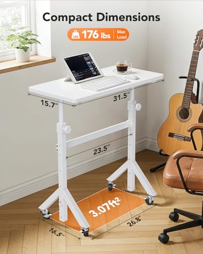 ErGear Small Standing Desk Adjustable Height, 6 Height Settings Up to 46.5″, Walking Pad Desk with Triangular Leg Design, Smooth Mobility with Lockable Wheels, Standing Desk for Walking Pad, White - color: White