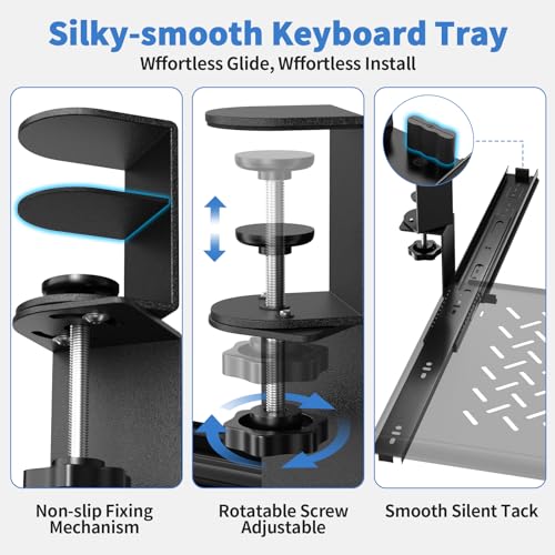 Keyboard Tray Under Desk - Full Metal Slide Out Holder, Rust-Resistant & Scratch-Proof, 26x13" Tray, Double C-Clamps for L Shape/Regular Desks, Standing/Sitting Workstation(Black-A) - color: Black