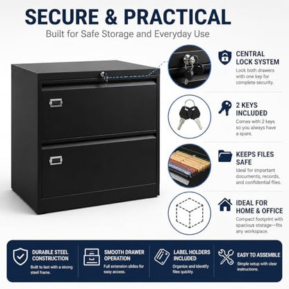 2 Drawer Lateral File Cabinet with Lock, Metal Filing Cabinet for Legal Letter and A4 Files, Black Cold Rolled Steel Office Storage Cabinet, Compact Lockable File Organizer - size: 2 Drawers